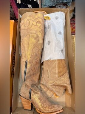 Rose gold embroidered leather Corral Over-the-Knee Boots with Side Zip